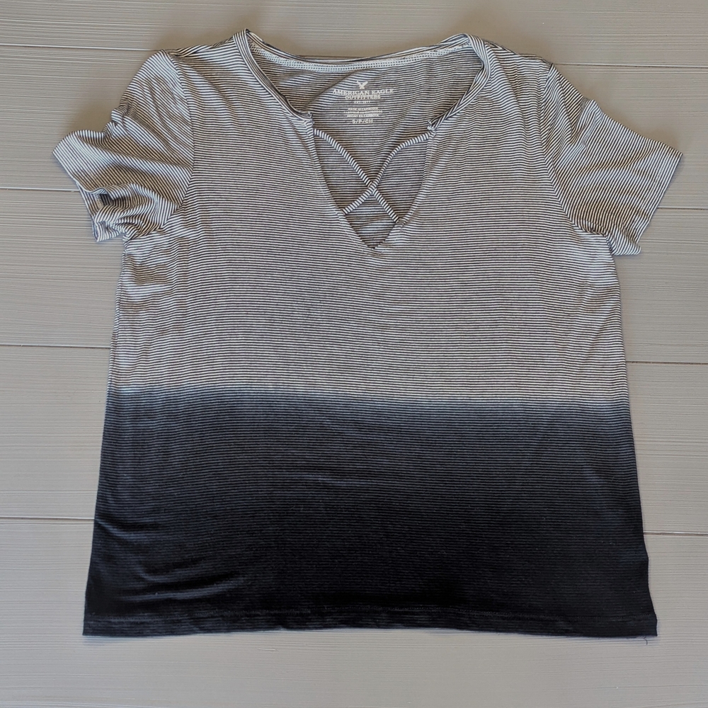 American Eagle AE Women Blue/Black Cross Front Striped Short Sleeve Tshirt Small